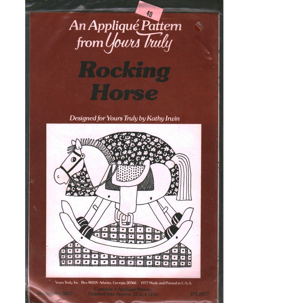 Vintage 1977 Yours Truly Rocking Horse Applique Pattern Kathy Irwin Wild Oats